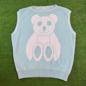 Vintage Retro Baby Teddy Bear Knitwear Sweater Vest‎ Pastel Blue Kidcore